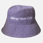Purple bucket hat with 'Allergy Mum Club' text on a light gray background