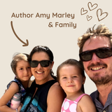 Family photo with 'Author Amy Marley & Family' text and hearts on a beige background