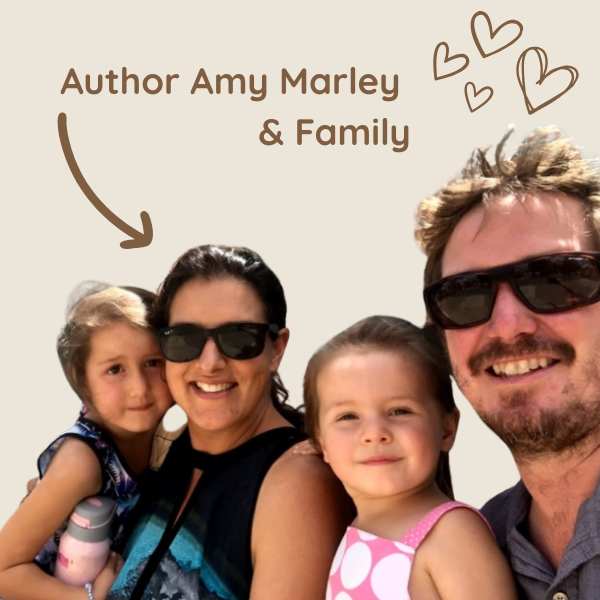 Family photo with 'Author Amy Marley & Family' text and hearts on a beige background
