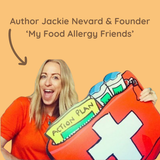 Author Jackie Nevard from My Food Allergy Friend is holding a colourful poster titled 'Action Plan' 