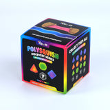 A 3D-rendered or photographed cube-shaped product box for 'Polysquish Discovery Series' by 'Cub65', shown on a plain light gray/white background. The box is mostly black with rainbow gradient edges and colorful printed graphics including geometric shapes and text such as 'Collect Them All' and 'Squish & Squeeze & Discover.