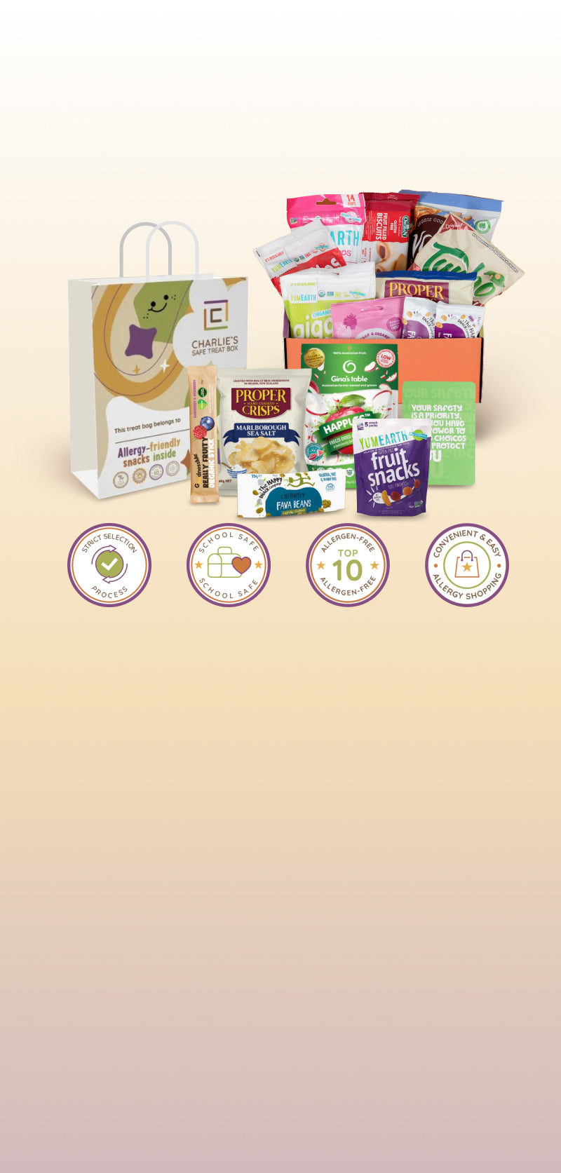 Assorted snack packages on a gradient background with product icons.