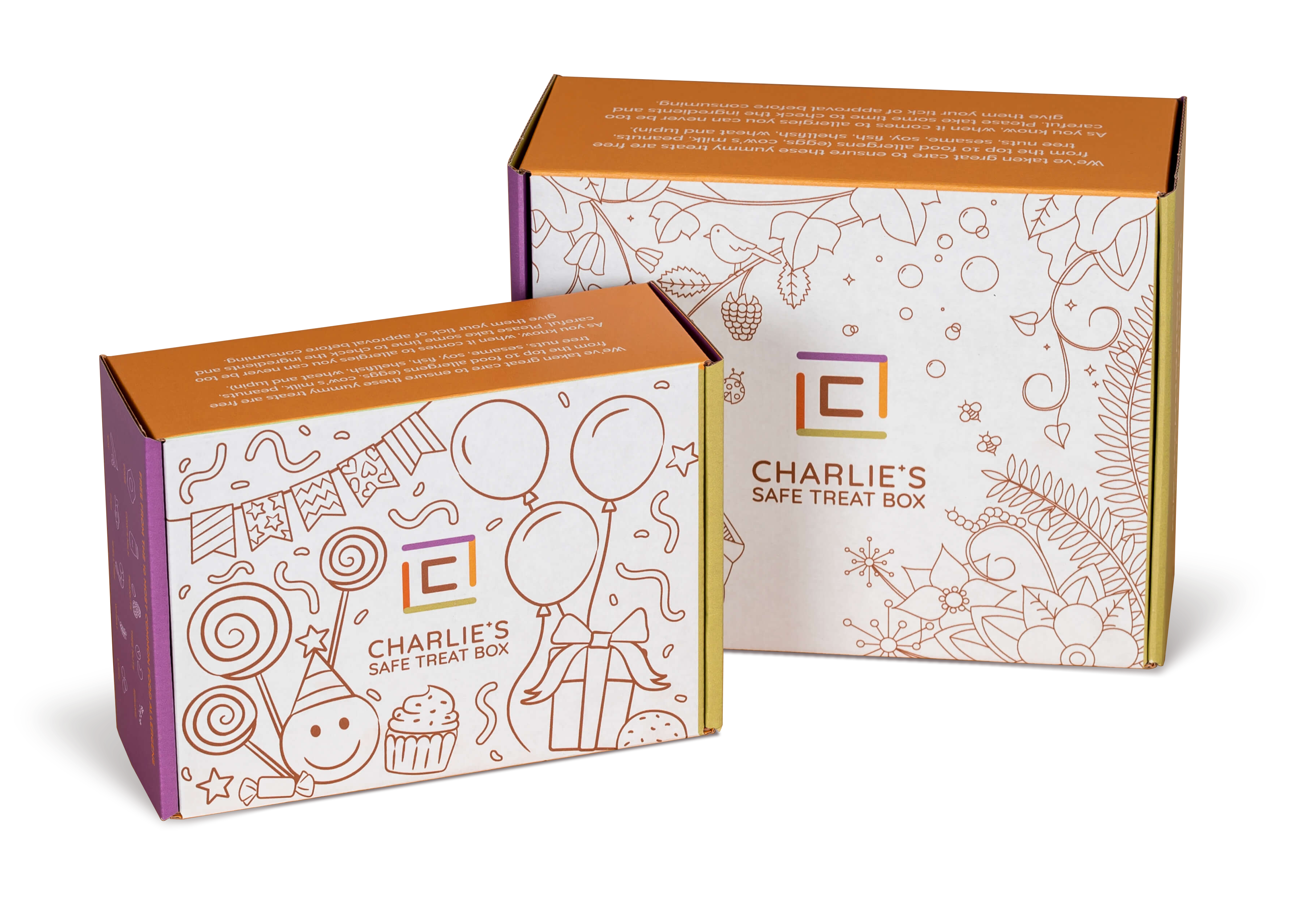 Two packaging boxes for 'Charlie's Safe Treat Box' with decorative designs and branding.