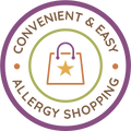 Logo for 'Convenient & Easy Allergy Shopping' with a shopping bag and star icon.