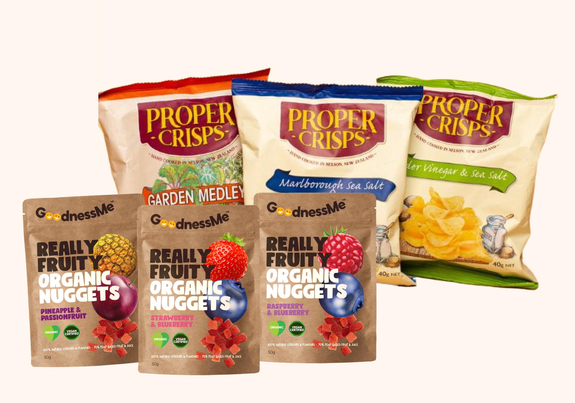 Assortment of Proper Crisps and GoodnessMe snack packages on a white background