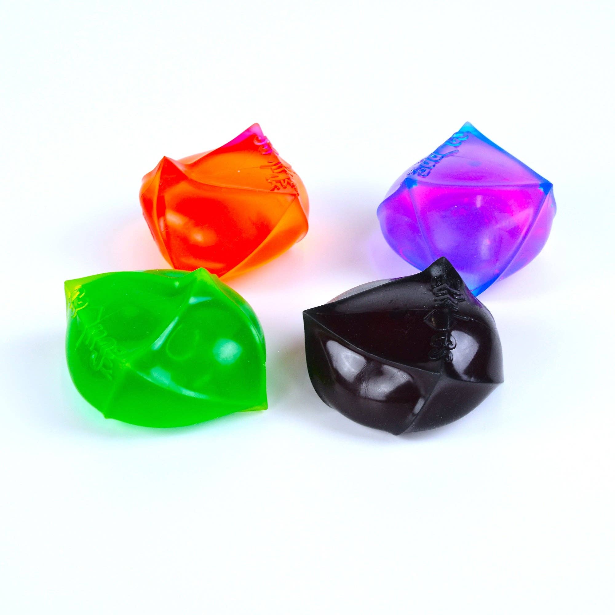 Four colorful polysquish on a white background