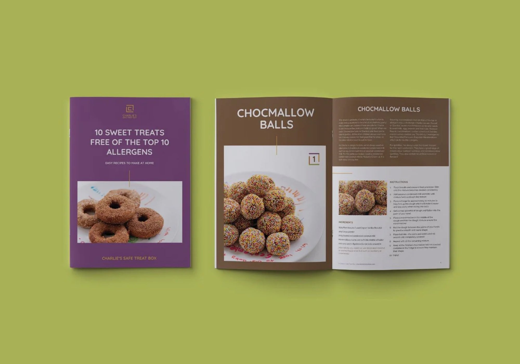 Allergy Friendly recipe ebook with a purple cover and open book showing 'Chocmallow Balls' on a green background