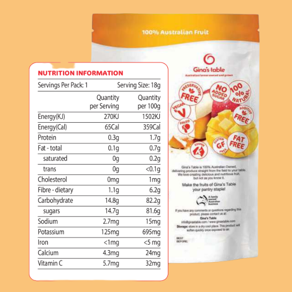 Ginas Table Freeze Dried Apple Bites With Dusted Mango Powder 18g Nutrional Panel