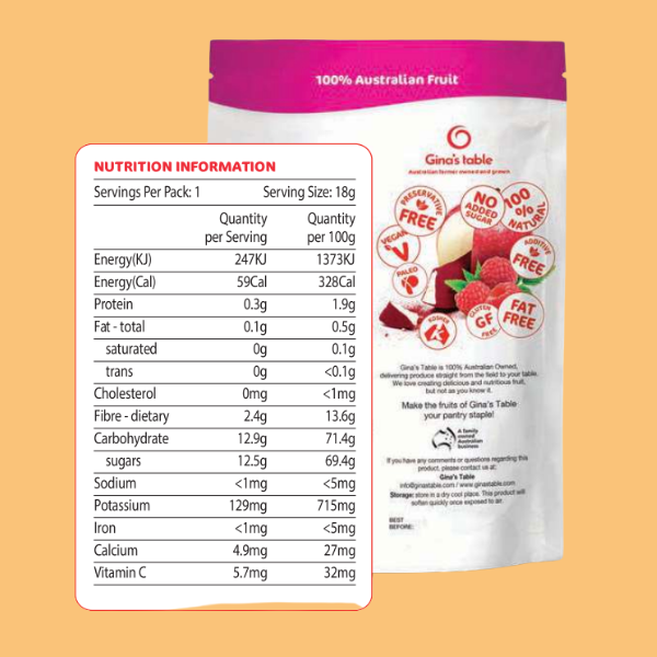 Ginas Table Freeze Dried Apple Bites With Dusted Raspberry Powder 18g Nutrional Panel
