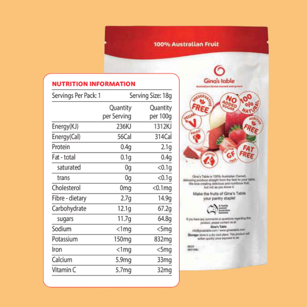 Ginas Table Freeze Dried Apple Bites With Dusted Strawberry Powder 18g Nutrional Panel