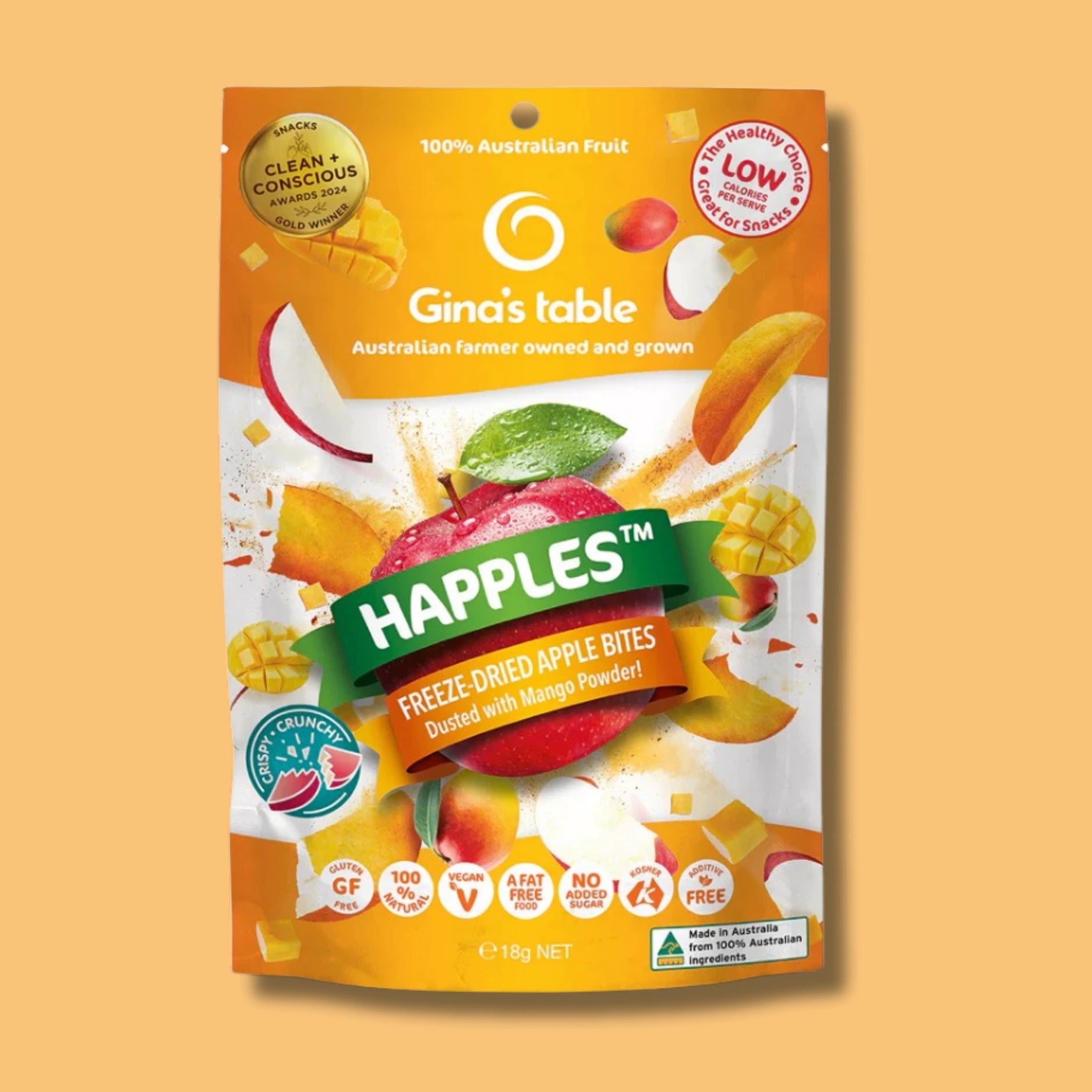 Ginas table happles freeze dried apple bites dusted with mango powder 18g