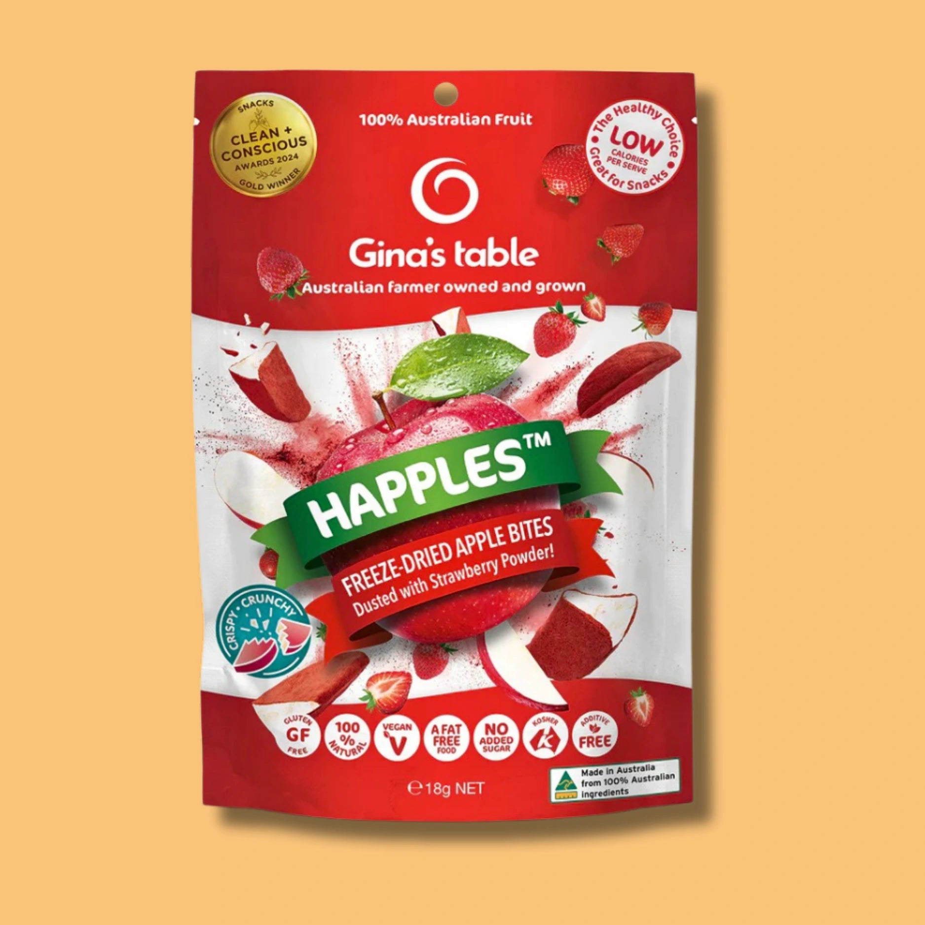 Ginas table happles freeze dried apple bites dusted with strawberry powder 18g