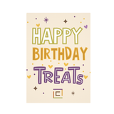 Happy Birthday Treats card with colorful text on a beige background