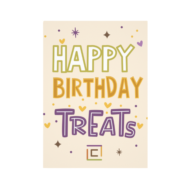 Happy Birthday Treats card with colorful text on a beige background