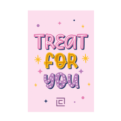 Pink card with 'Treat for You' text and decorative elements on a white background