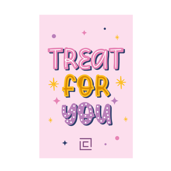 Pink card with 'Treat for You' text and decorative elements on a white background