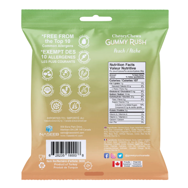 Cheeky Chews Gummy Rush packaging with green and orange gradient, nutrition facts, and allergen information.