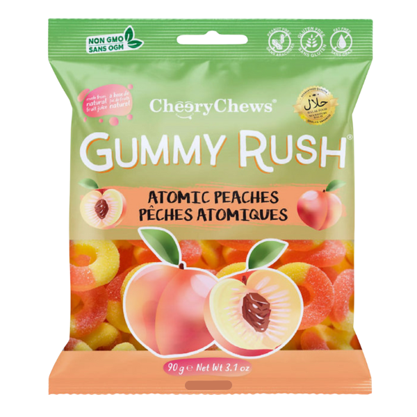 Packaging of CherryChews Gummy Rush Atomic Peaches on a white background