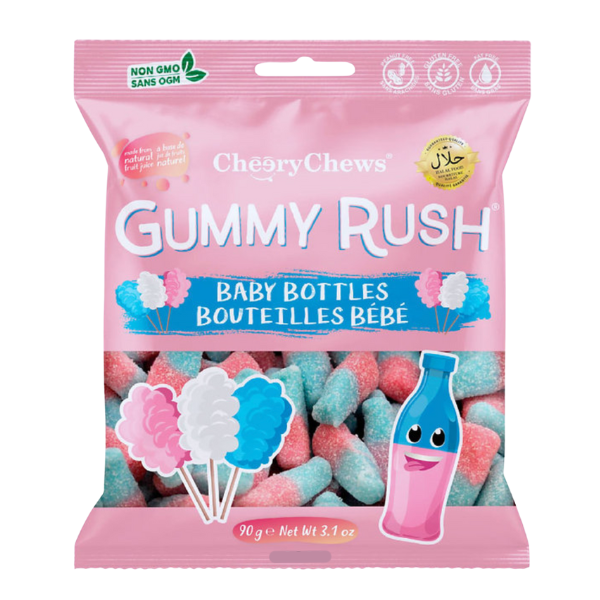 Packaging of CherryChews Gummy Rush Baby Bottles with pink and blue gummies.
