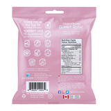 Pink package of Cheeky Chews Gummy Rush with nutritional information and allergen information on a white background