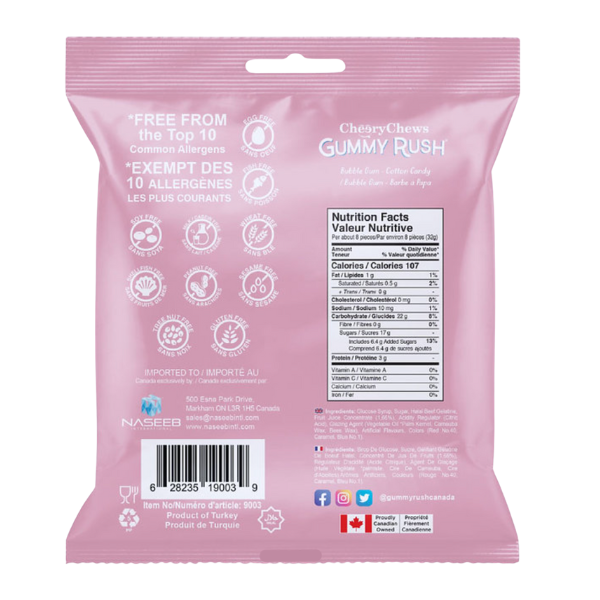 Pink package of Cheeky Chews Gummy Rush with nutritional information and allergen information on a white background