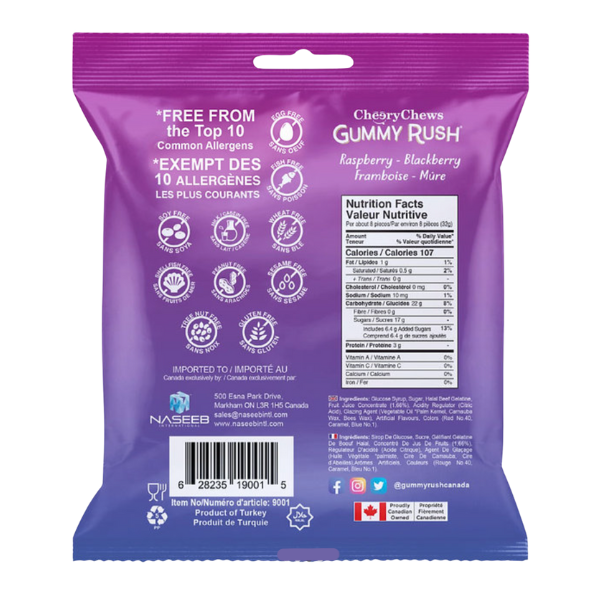 Purple package of Cheeky Chews Gummy Rush with nutritional information and allergen information on a white background