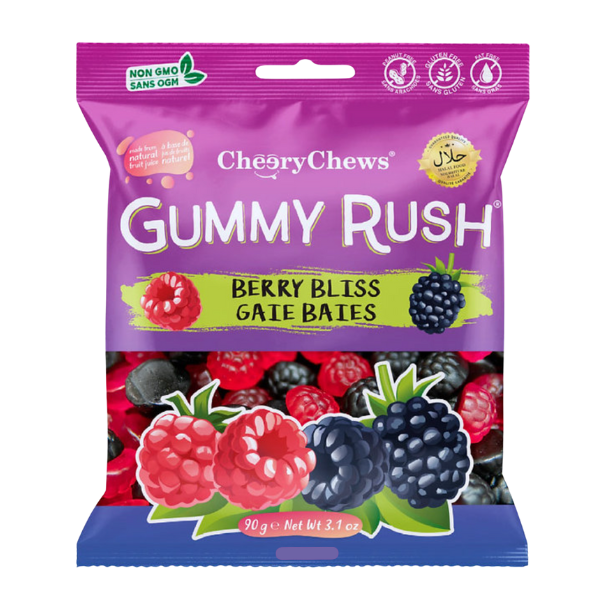 Packaging of CherryChews Gummy Rush Berry Bliss Gate Bales on a white background