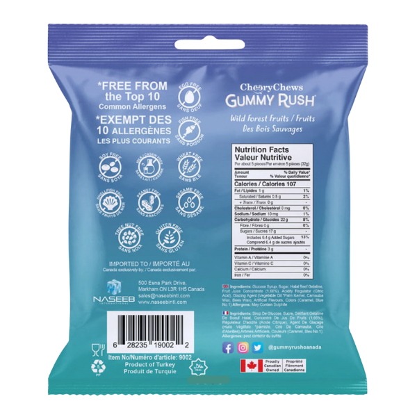 Blue package of CherryChews Gummy Rush with nutritional information and allergen-free claims.