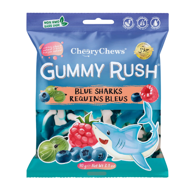 Packaging of Cherry Chews Gummy Rush Blue Sharks gummy bears on a white background