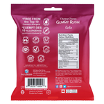 Red and purple package of Cherry Chews Gummy Rush Cola with allergen information and nutrition facts.