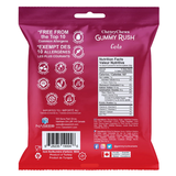 Red and purple package of Cherry Chews Gummy Rush Cola with allergen information and nutrition facts.