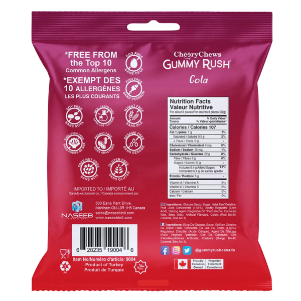 Red and purple package of Cherry Chews Gummy Rush Cola with allergen information and nutrition facts.