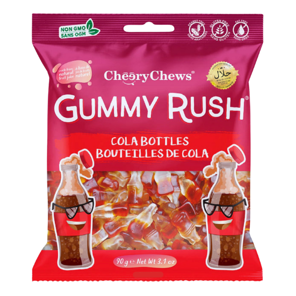 Packaging of CherryChews Gummy Rush Cola Bottles on a white background