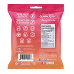 Back view of a Cherry Cheeks Gummy Rush cherry gummy candy package with nutritional information and allergen-free claims.