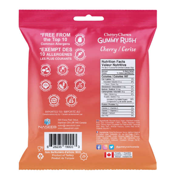 Back view of a Cherry Cheeks Gummy Rush cherry gummy candy package with nutritional information and allergen-free claims.