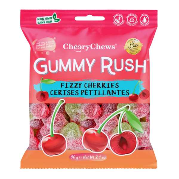 Packaging of CherryChews Gummy Rush Fizzy Cherries on a white background