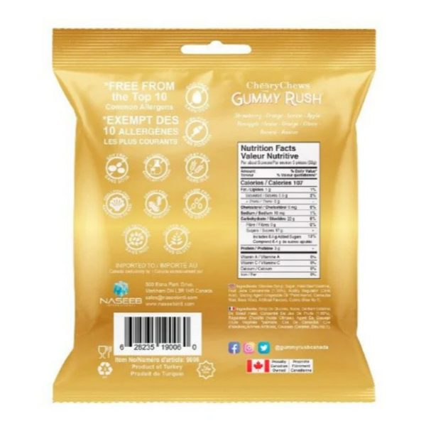 Yellow package of Cherry Choc Gummy Rush with nutritional information and allergen-free claims on a white background.