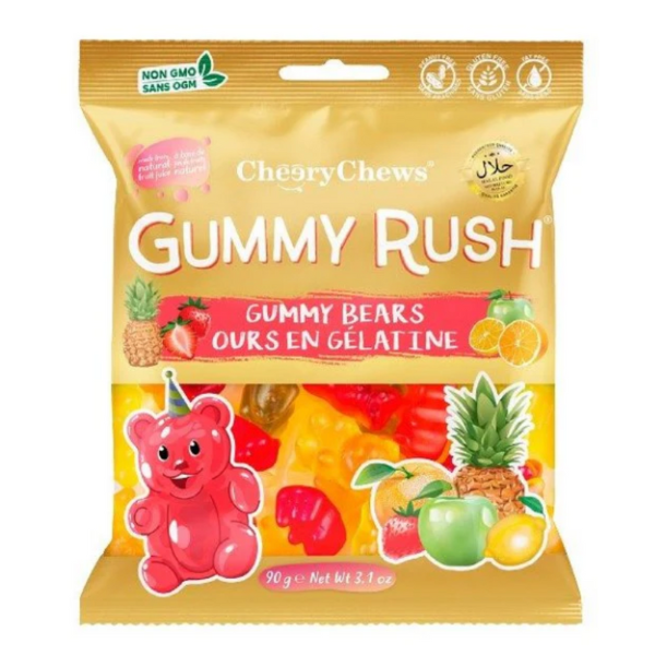 Packaging of Cherry Chews Gummy Rush gummy bears with colorful design and text.