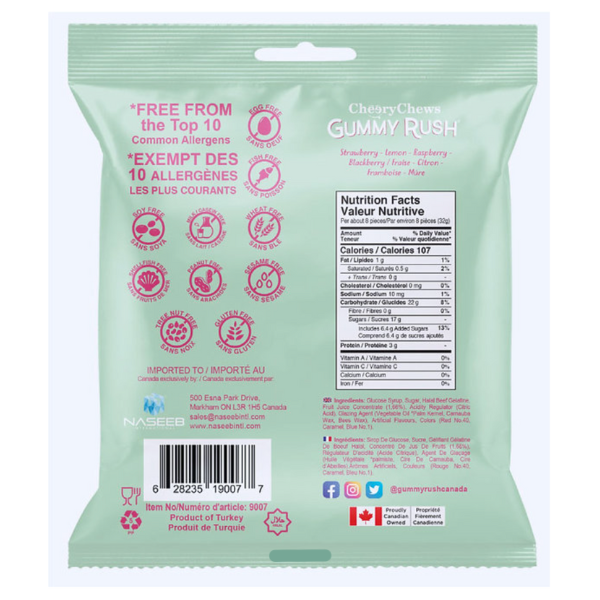 Gummy candy package with nutritional information and allergen-free claims on a white background
