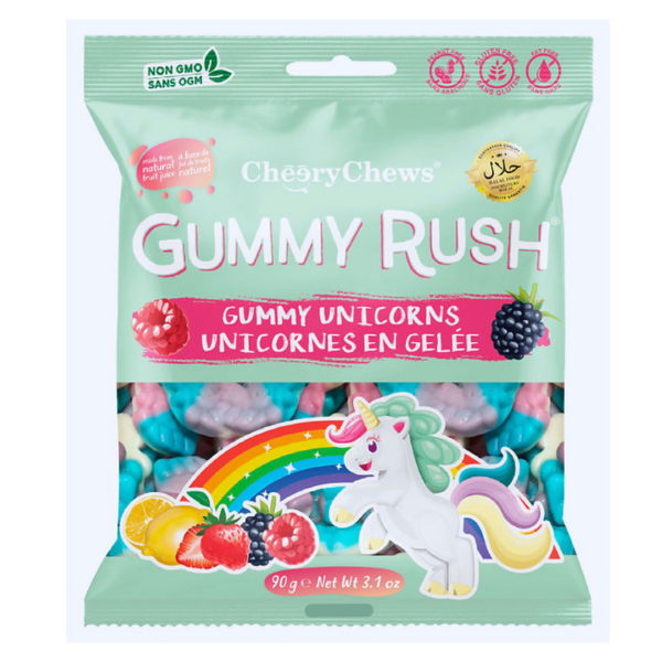 Cheery Chews Gummy Rush gummy unicorns packaging with unicorn illustration and rainbow on a white background