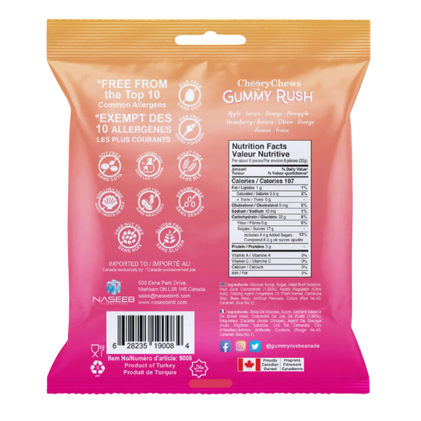Back view of a Chubby Cheeks Gummy Rush product packaging with nutritional information and allergen information.