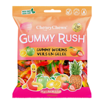 Packaging of CherryChews Gummy Rush gummy worms with colorful design and branding.