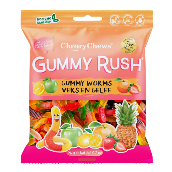 Packaging of CherryChews Gummy Rush gummy worms with colorful design and branding.