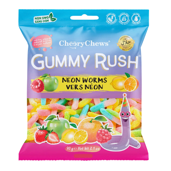 Packaging of CherryChews Gummy Rush Neon Worms with colorful design and text.