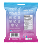 Gummy supplement package with blue and pink gradient, featuring nutritional information and allergen information.
