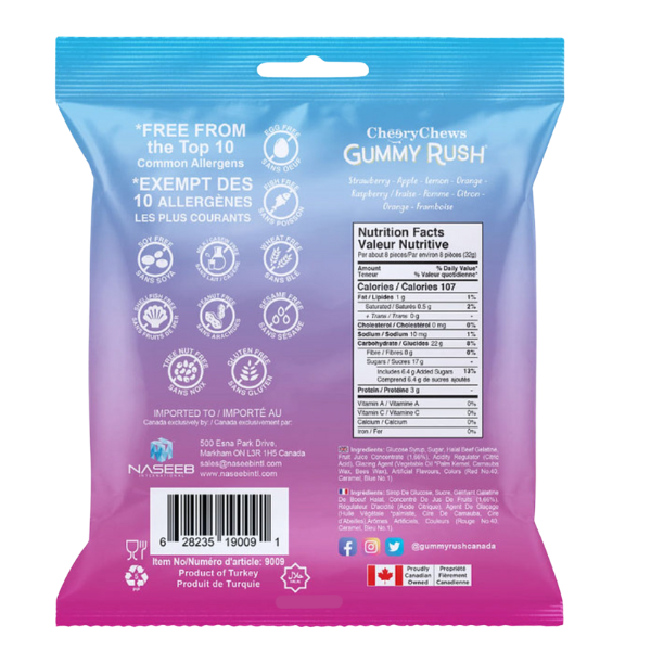 Gummy supplement package with blue and pink gradient, featuring nutritional information and allergen information.