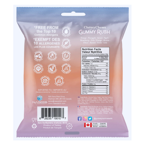 Back view of a CheekyChews Gummy Rush package with nutritional information and branding details.