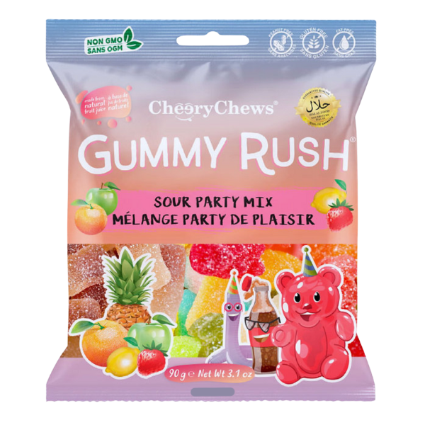 CheeryChews Gummy Rush Sour Party Mix packaging on a white background