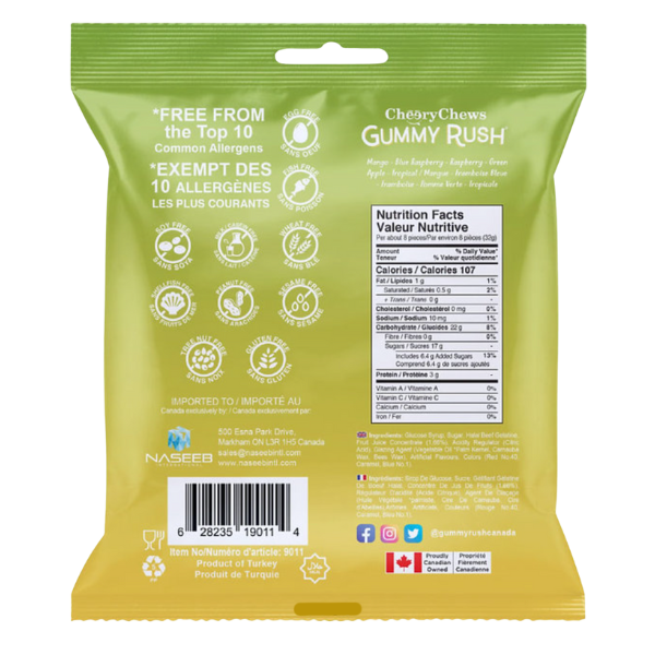 Green and yellow package of CherryChews Gummy Rush with nutritional information and allergen-free claims.