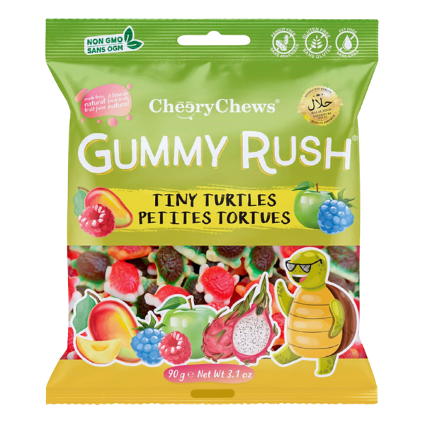 Packaging of CherryChews Gummy Rush Tiny Turtles on a white background